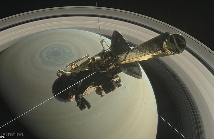 Illustration of probe Cassini orbiting Saturn and rings