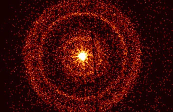 Afterglow of gamma ray burst displaying a number of rings due to x-rays being scattered by dust 