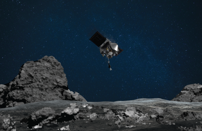 Image depicting OSIRIS-REx spacecraft making its descent onto the surface of asteroid Bennu