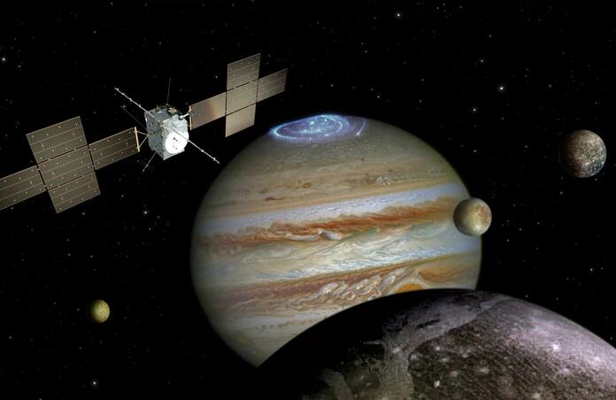 An artists’ impression of ESA’s JUICE spacecraft at Jupiter