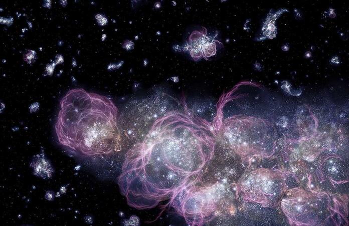 Artist's illustration of the first generations of hot, massive stars igniting inside glowing clouds of primordial hydrogen and helium gas in the early Universe. Credit: NASA, STScI/A. Schaller.