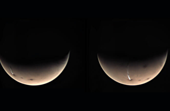 Two Mars Express Visual Monitoring Camera views of the crescent of Mars, each showing the bright, narrow Arsia Mons Elongated Cloud streaming westwards from the volcano. Credit: ESA/GCP/UPV/EHU Bilbao, CC BY-SA 3.0 IGO
