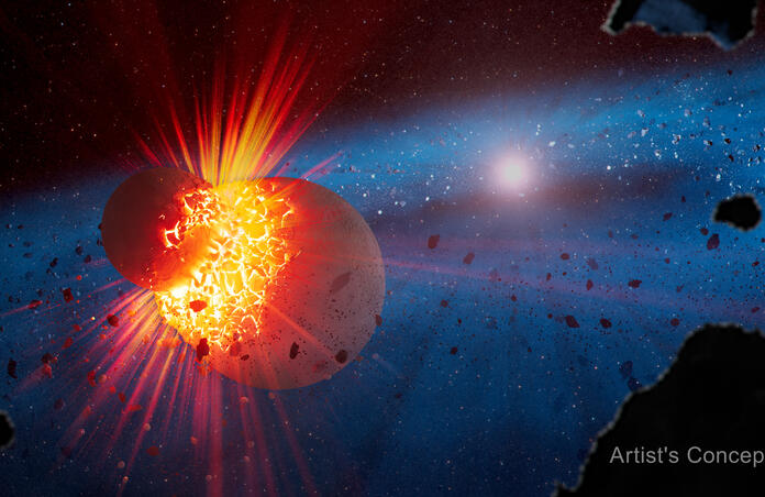Artist's impression of an extreme debris disk: a blue ring of dust encircling a star, with a bright yellow and orange flash where a planetary embryo has just been struck by a larger body. Credit: NASA, ESA, CSA, Joseph Olmsted (STScI)