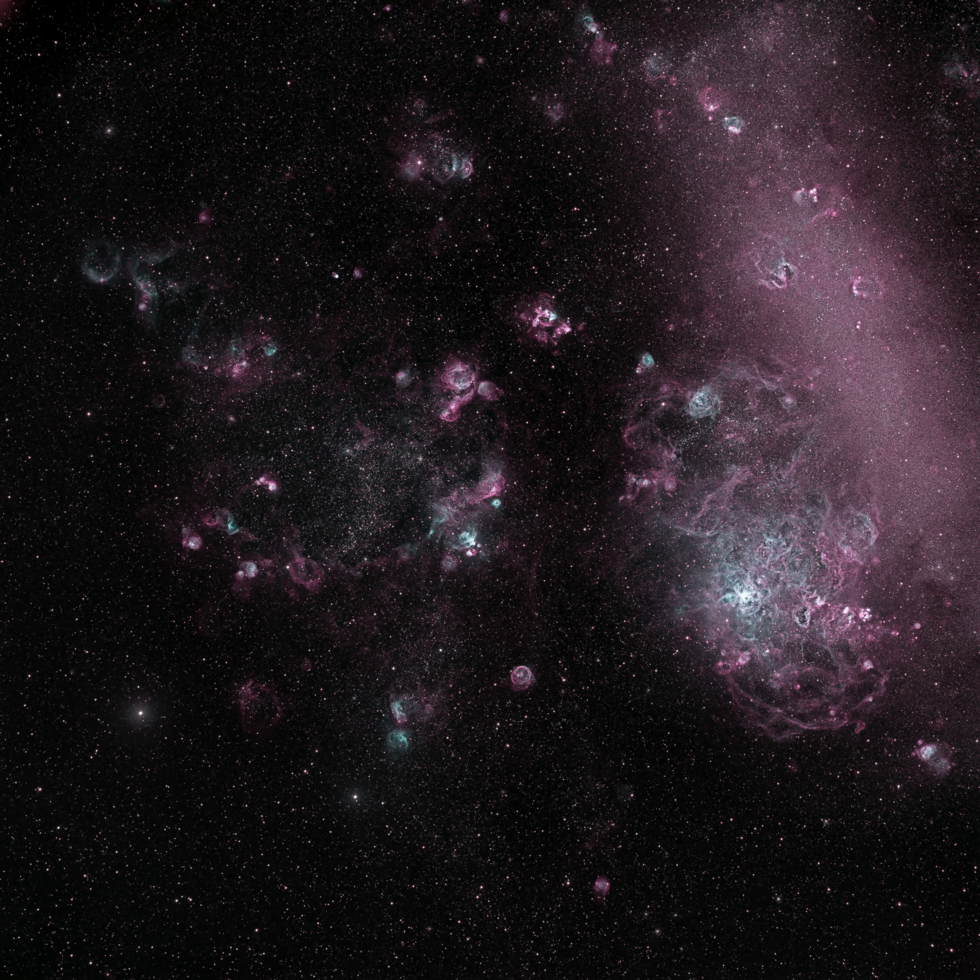 Wide field centered at NGC 2014 in NB SHO synthetic 7 band true color