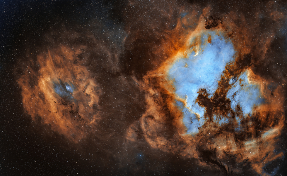 Clamshell, North America and Pelican Nebula, v2