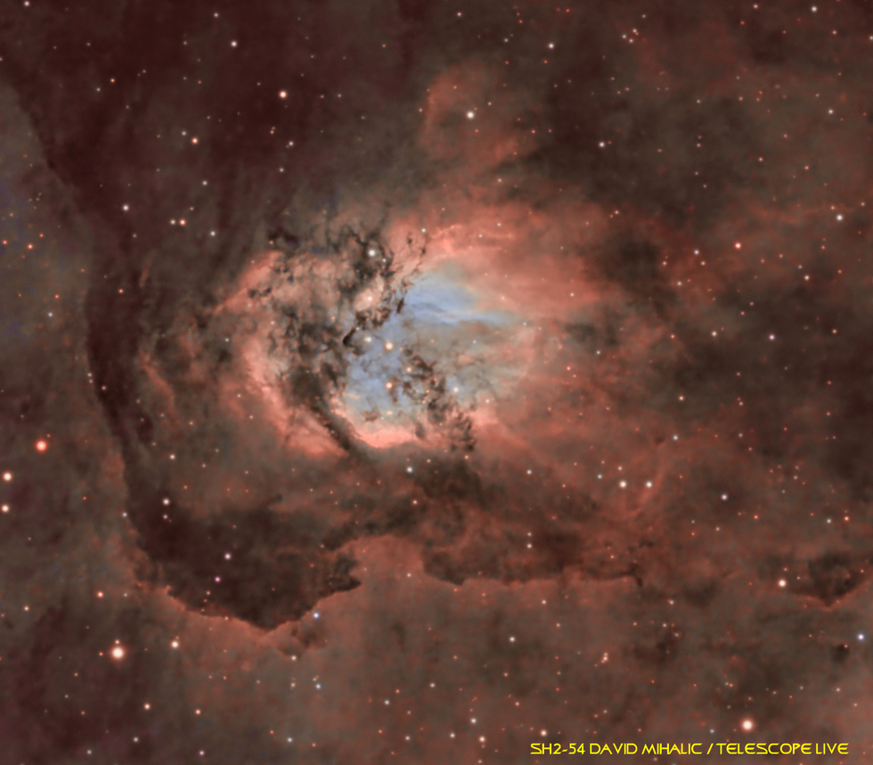 SH2-54 in Serpens. Sh2-54 belongs to an extended nebulosity that includes  the Eagle Nebula and the Omega (Swan) Nebula