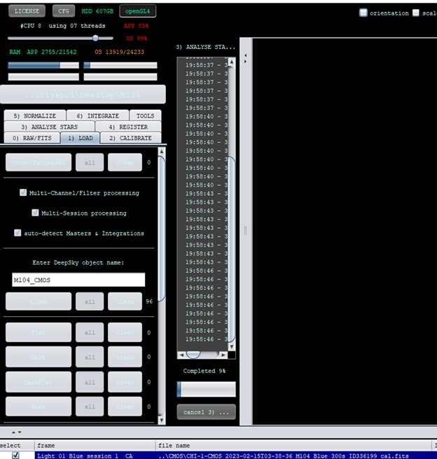 screen capture of APP showing loaded light frames