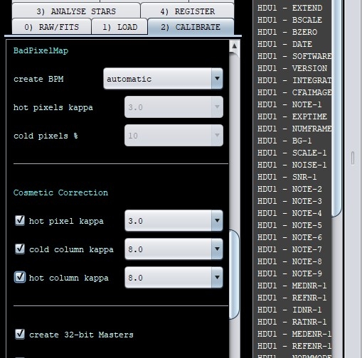 screen capture showing the calibration tab with cosmetic correction settings checked