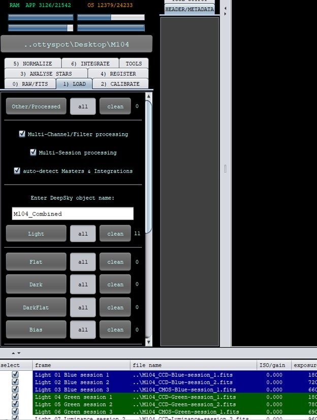 screen capture showing the load tab with the masters as light frames