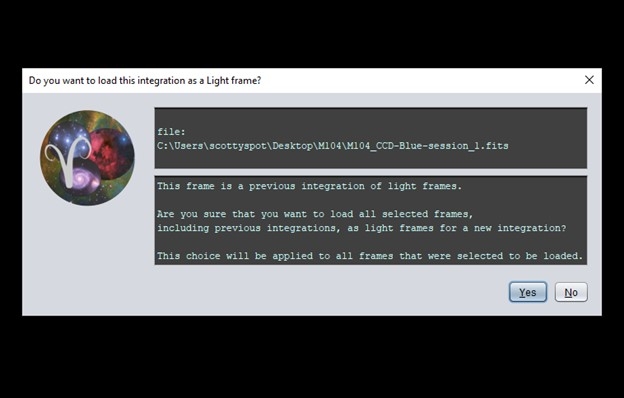 screen capture of dialog box asking if you want to load a previous integration as a light frame